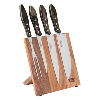 Conjunto para Churrasco Tramontina em Aço Inox e Madeira Polywood Castanho 5 Peças Inox com Marrom
