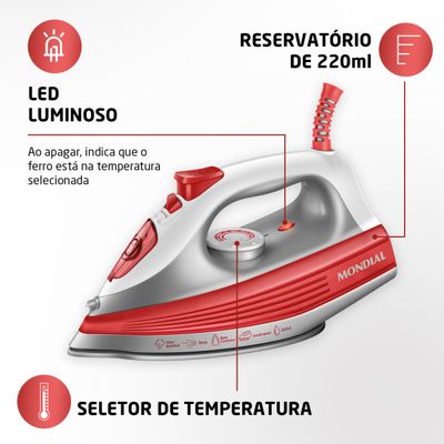 Ferro a Vapor Mondial Branco e Coral 1200W FVN-01-O 127V