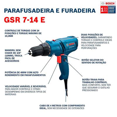 Parafusadeira e Furadeira Bosch GSR 7-14 E 400W Cabo 4m 127V