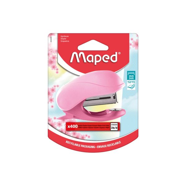 Mini Grampeador Maped com 400 Grampos Rosa Pastel