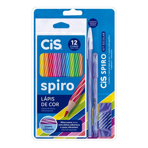 Kit Escolar Cis Spiro Azul com Lápis de Cor + Caneta + Lapiseira + Borracha