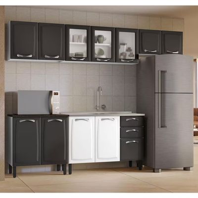 Cozinha Compacta Itatiaia New Premium com 1 Pia 12 Portas 2 Gavetas 10 Prateleiras 280cm de largura Branco com Grafite