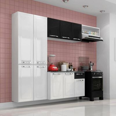 Cozinha Compacta Itatiaia Amanda Plus com 10 Portas 1 Gaveta e 8 Prateleiras 245cm de Largura Branco e Preto