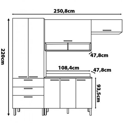 Cozinha Compacta Bartira Veneza com 7 Portas 3 Gavetas e 5 Prateleiras Freixo com Grafite