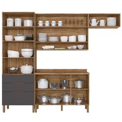 Cozinha Compacta Bartira Topázio UP com 8 Portas 3 Gavetas e 5 Prateleiras Damasco/Grafite