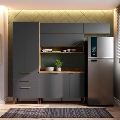 Cozinha Compacta Bartira Topázio UP com 8 Portas 3 Gavetas e 5 Prateleiras Damasco/Grafite
