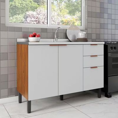 Balcão Bartira Universal com 1 Pia, 2 Portas e 3 Gavetas Grapia/branco