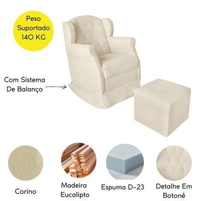 Poltrona Amamentação Balanço Confortável E Puff Corino Ariel Bege