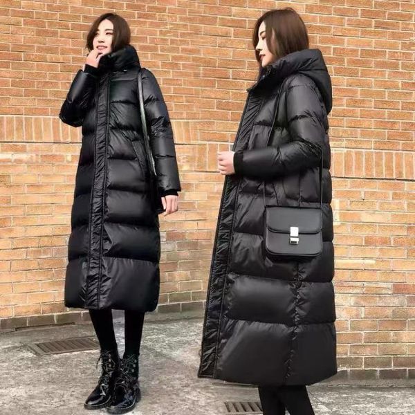 Casaco de Inverno Feminino Preto Brilhante de Penas Longo M / verde