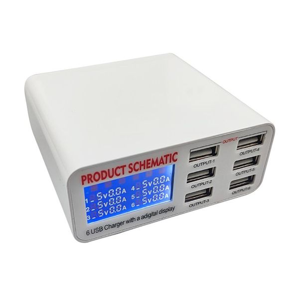 Carregador USB Portátil com 6 Portas e Display LCD Plug EU