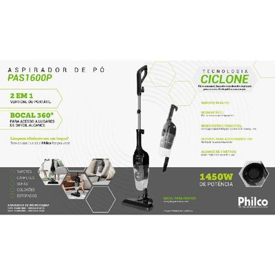 Aspirador de Pó PAS1600P 2 em 1 Philco Preto 220V