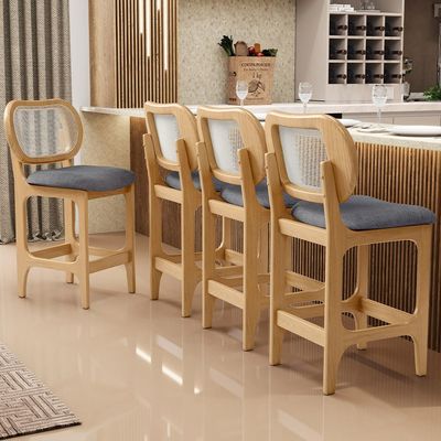 Kit 4 Banquetas Baixa Bar Cozinha Sala de Jantar Betta L02 Mel Tela Linho Cinza Escuro - Lyam Decor