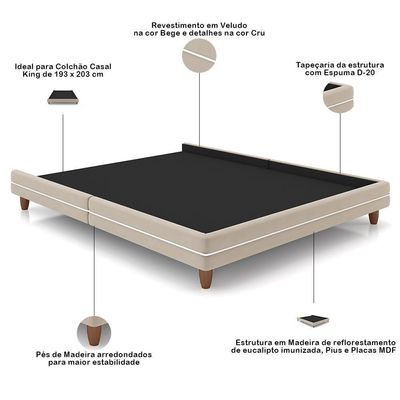 Cabeceira King Nilo 195cm Com Cama Pés Madeira Suném P05 Veludo Bege - Lyam Decor