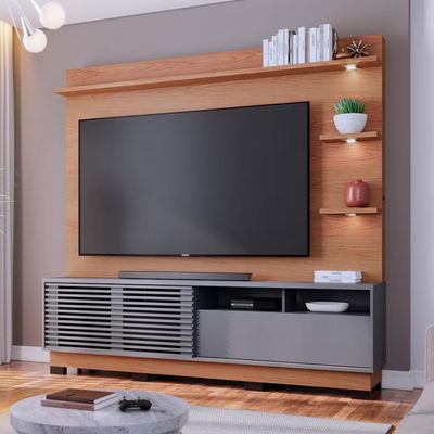 Estante Home Colibri Campeche com Porta Deslizante Spots de Led 200 cm de Largura Ideal para TV de Até 70 Polegadas Freijó/Cinza Fosco