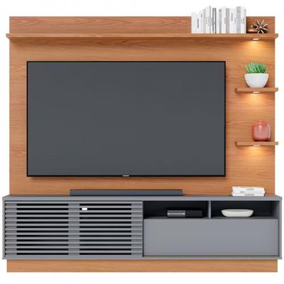 Estante Home Colibri Campeche com Porta Deslizante Spots de Led 200 cm de Largura Ideal para TV de Até 70 Polegadas Freijó/Cinza Fosco