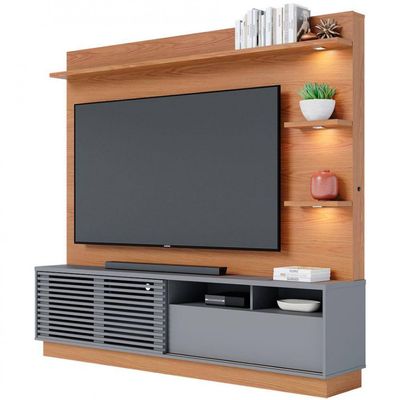 Estante Home Colibri Campeche com Porta Deslizante Spots de Led 200 cm de Largura Ideal para TV de Até 70 Polegadas Freijó/Cinza Fosco