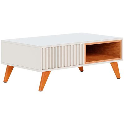 Mesa de Centro Colibri Jeri MDP com Pés de Madeira Maciça Off White com Freijó