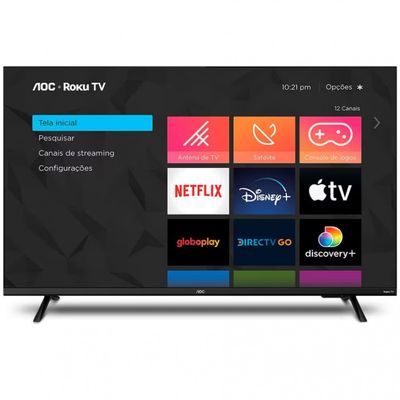 Smart TV 43 AOC Full HD 43S5135/78G Roku TV Dolby Digital Comando de Voz 60 Hz Processador Quad Core Preto