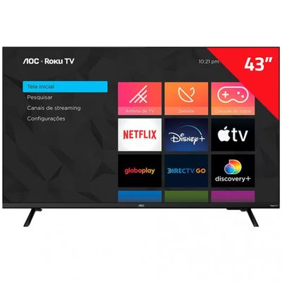 Smart TV 43 AOC Full HD 43S5135/78G Roku TV Dolby Digital Comando de Voz 60 Hz Processador Quad Core Preto