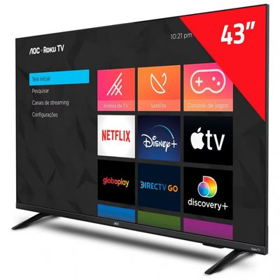 Smart TV 43 AOC Full HD 43S5135/78G Roku TV Dolby Digital Comando de Voz 60 Hz Processador Quad Core Preto