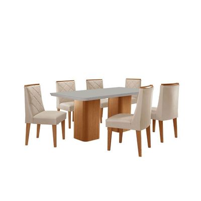 Mesa De Jantar Eloise 180cm Tampo MDF Com Vidro 6 Cadeiras Veludo Creme Off White Naturale