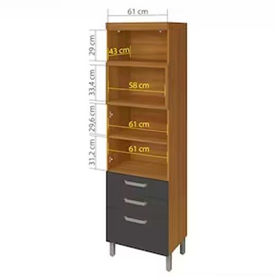 Paneleiro Princesa 2 Portas, 3 Gavetas e Prateleiras 64cm Nesher Freijo e Grafite