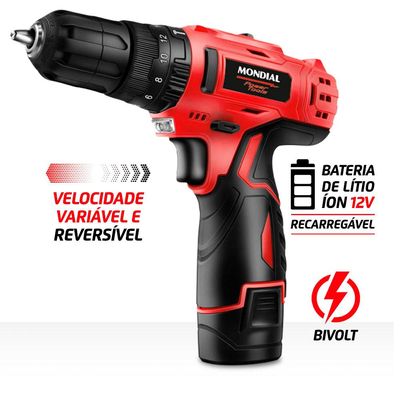 Parafusadeira Furadeira 12V Mondial 54 Peças com Maleta PI-11MA