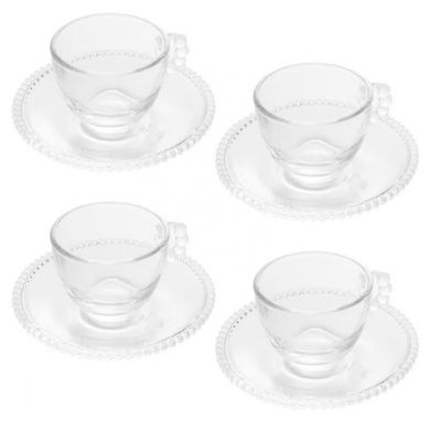 Conjunto com 4 Xícaras e Pires para Café Wolff Pearl em Cristal 80ml Transparente