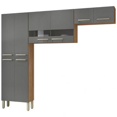 Cozinha Compacta Nala com 8 Portas 4 Prateleiras Kit`s Paraná Freijó/Gris