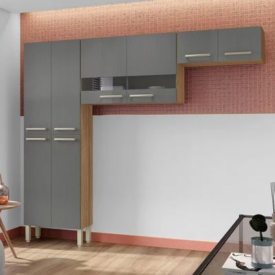 Cozinha Compacta Nala com 8 Portas 4 Prateleiras Kit`s Paraná Freijó/Gris