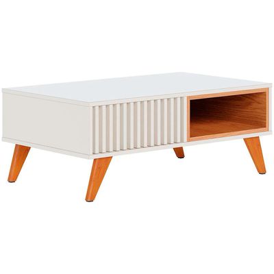 Mesa de Centro Colibri Jeri MDP com Pés de Madeira Maciça Off White com Freijó