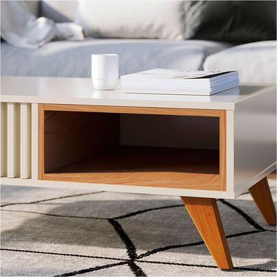 Mesa de Centro Colibri Jeri MDP com Pés de Madeira Maciça Off White com Freijó
