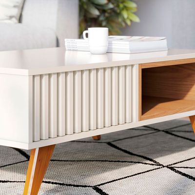 Mesa de Centro Colibri Jeri MDP com Pés de Madeira Maciça Off White com Freijó