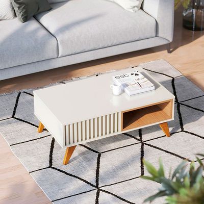 Mesa de Centro Colibri Jeri MDP com Pés de Madeira Maciça Off White com Freijó