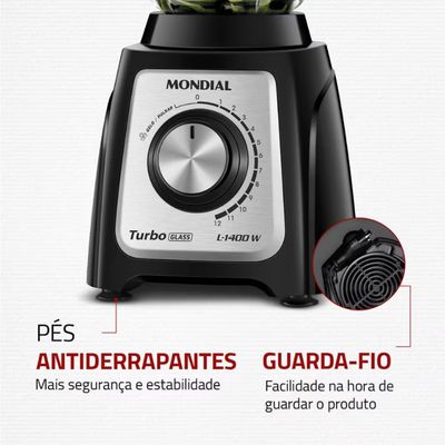 Liquidificador Mondial Turbo Glass L-1400 GI 1400W Jarra de Vidro Preto e Inox / 110V