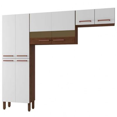 Cozinha Compacta Nala 8 Portas e 4 Prateleiras Kit`s Paraná Nogueira/Off White/Ripado