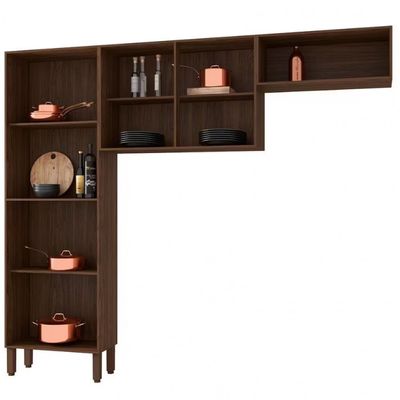 Cozinha Compacta Nala 8 Portas e 4 Prateleiras Kit`s Paraná Nogueira/Off White/Ripado