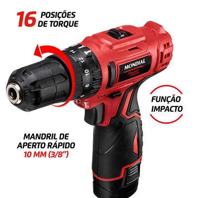 Parafusadeira e Furadeira com Maleta Mondial Vermelho 12V PI-11MA BIV