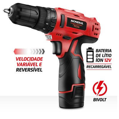 Parafusadeira e Furadeira com Maleta Mondial Vermelho 12V PI-11MA BIV