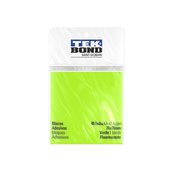 Bloco Adesivo Fluorescente Tekbond Verde com 45 Folhas 76x76mm Bloco Adesivo Fluorescente Tekbond Verde com 45 Folhas 76x76mm