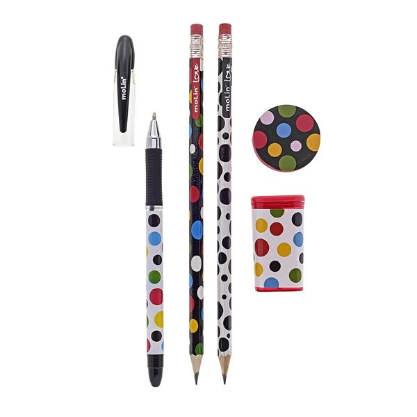 Kit Escolar Molin Love Poá com 2 Lápis HB + 1 Borracha + 1 Apontador com Depósito