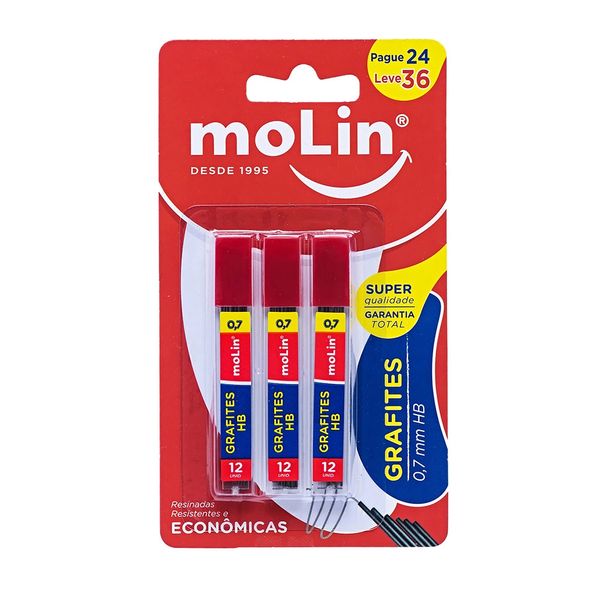 Grafite HB Molin 0.7mm 3 Tubos com 12 Unidades