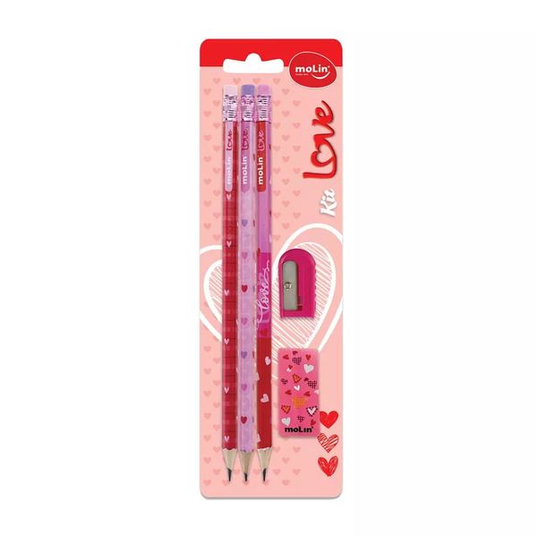 Kit Escolar Molin Love com 3 Lápis HB + Borracha + Apontador - Item Sortido