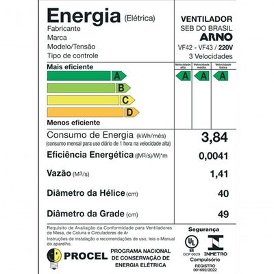 Ventilador De Mesa 2Em 1Arno 40cm Vf42 Turbo Force Preto220v