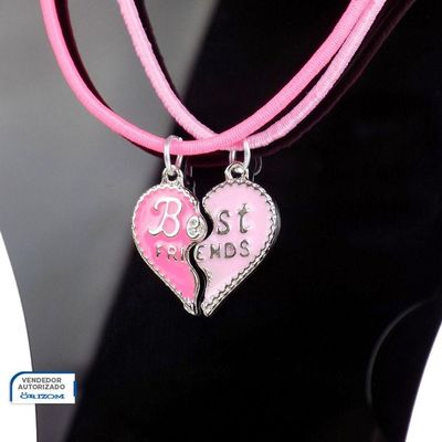 Kit 2 Colares Amizade Best Friend Amigas + Pingente Coração Menina Moda Presente Rosa Ajustavel