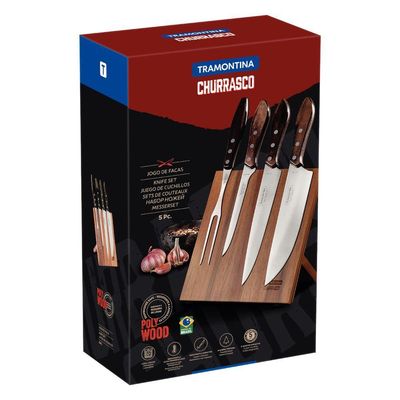 Jogo Para Churrasco Tramontina Em Aço Inox Cabos Em Madeira Polywood Castanho 5 Peças