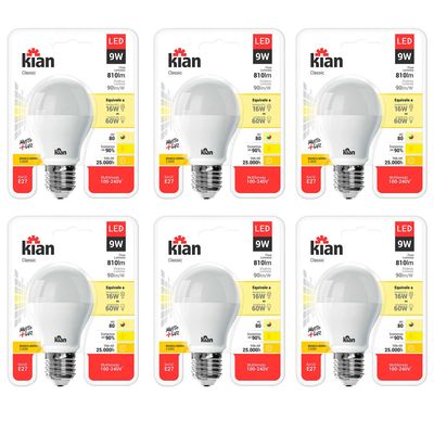Kit com 6 Lâmpadas Led 9W Kian Amarela Bivolt
