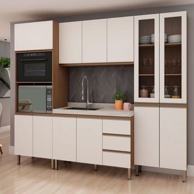 Cozinha Compacta Genialflex Bambu com 12 Portas, 3 Gavetas e 7 Prateleiras - 260cm de largura Ébano com Off White