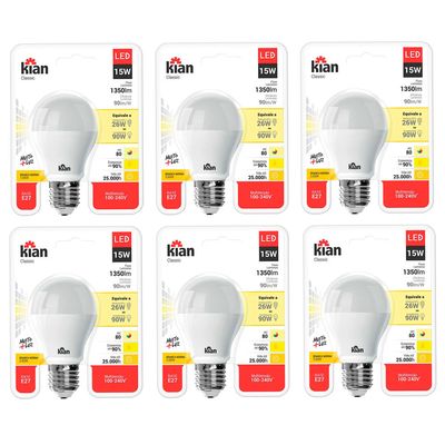 Kit com 6 Lâmpadas Led 15W Kian Amarela Bivolt