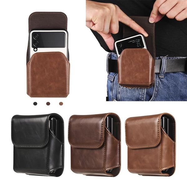 Bolsa de Couro Genuíno para Samsung Z Flip 6 5 4 3 5G e Moto Razr 40 Ultra Universal / marrom